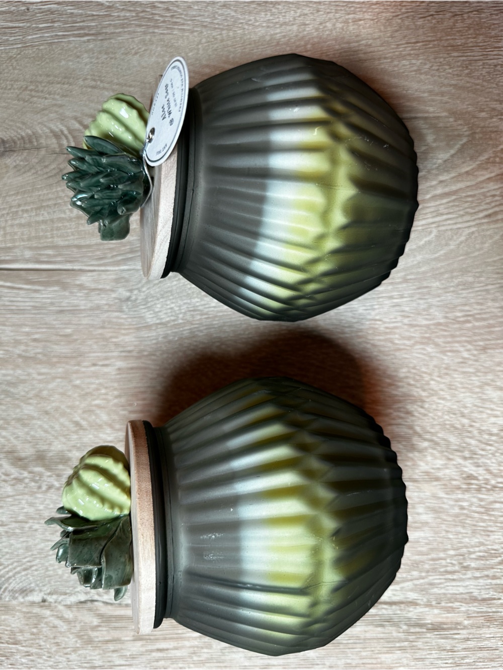 Green Ceramic Succulent Candle Jar with Wooden Lid set of 2 - Picture 6 of 11